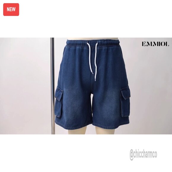 Baggy Denim Shorts with Cargo Pockets, Elastic Waist, Ripped Details - Picture 6 of 6